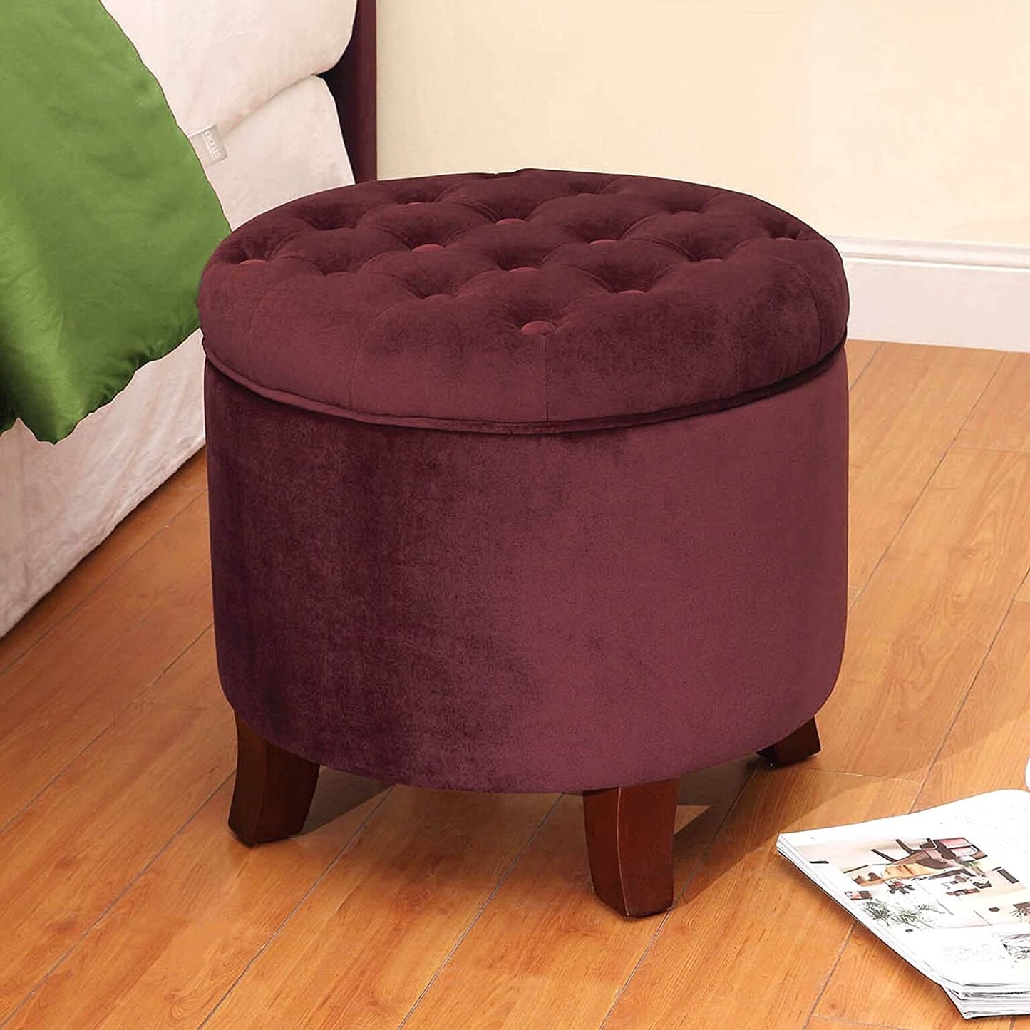 Ottomans : Fabric Upholstered Round Storage Ottoman with Removable Lid