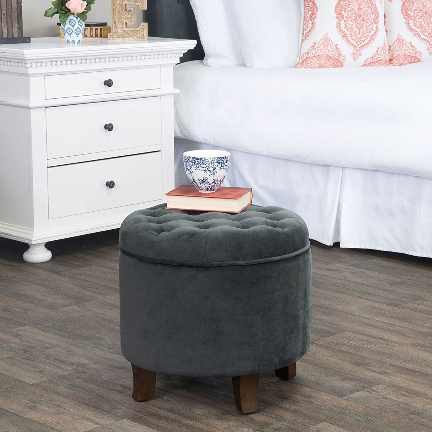Ottomans : Fabric Upholstered Round Storage Ottoman with Removable Lid