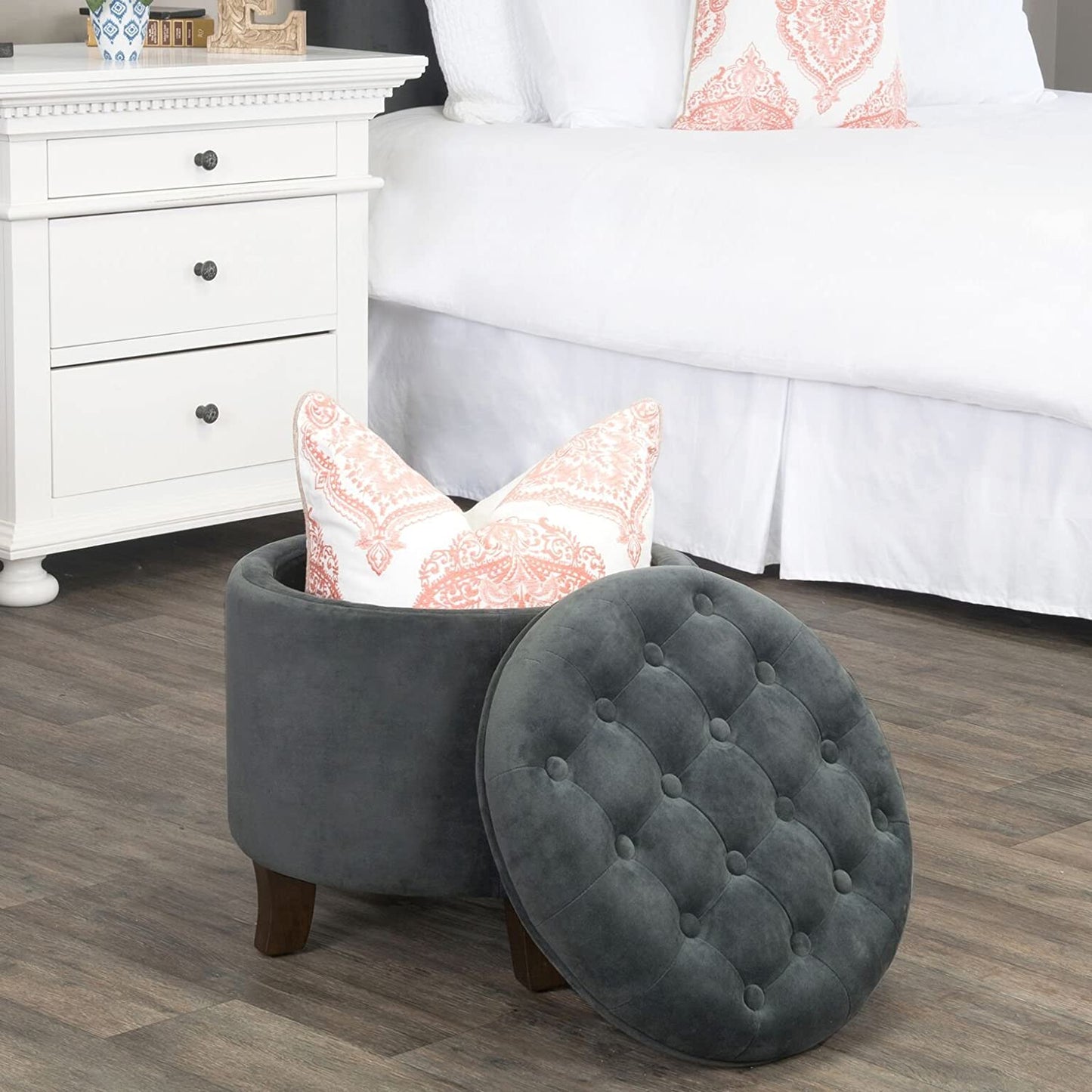Ottomans : Fabric Upholstered Round Storage Ottoman with Removable Lid