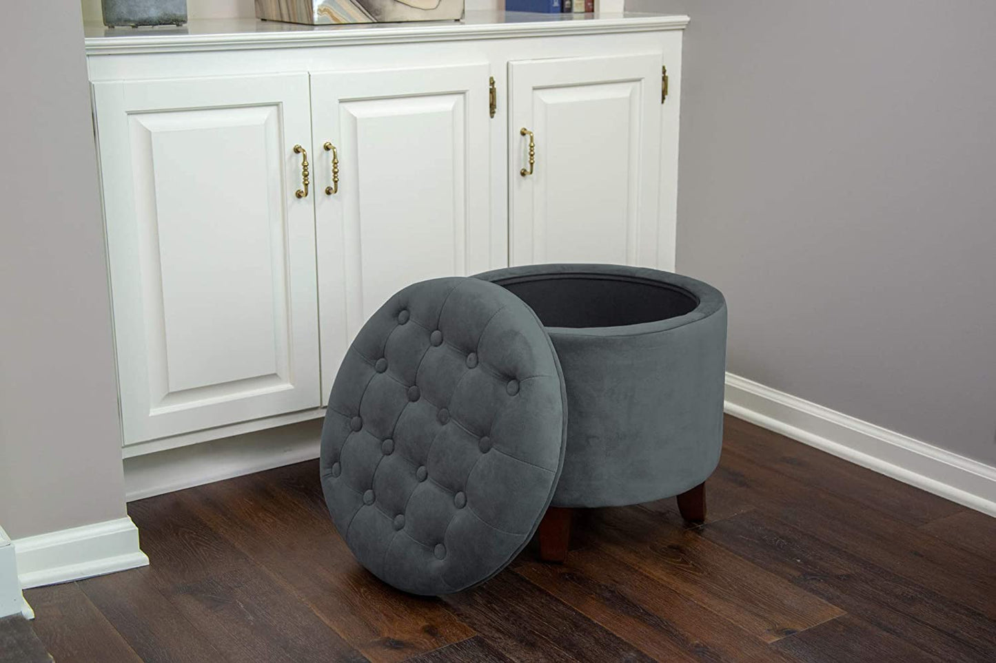 Ottomans : Fabric Upholstered Round Storage Ottoman with Removable Lid