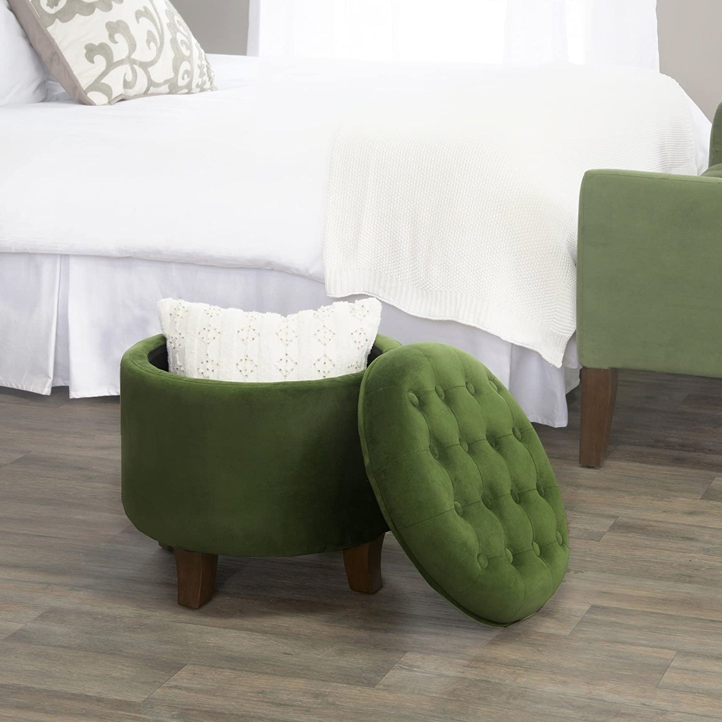 Ottomans : Fabric Upholstered Round Storage Ottoman with Removable Lid