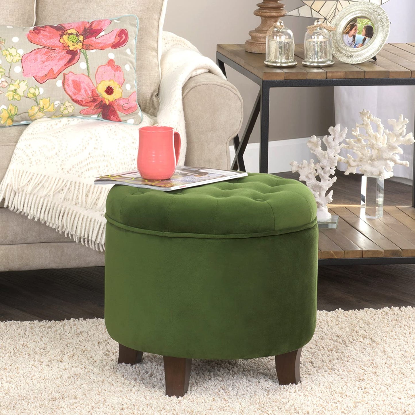 Ottomans : Fabric Upholstered Round Storage Ottoman with Removable Lid