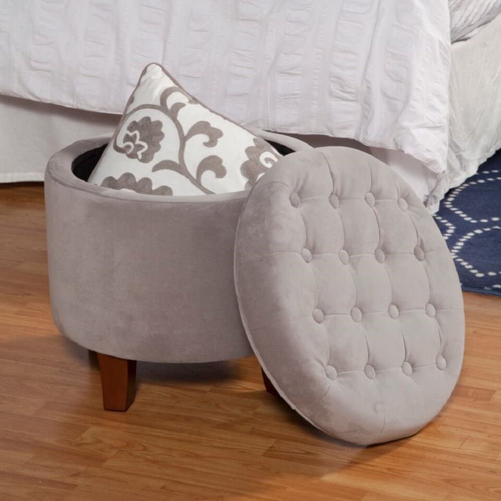 Ottomans : Fabric Upholstered Round Storage Ottoman with Removable Lid