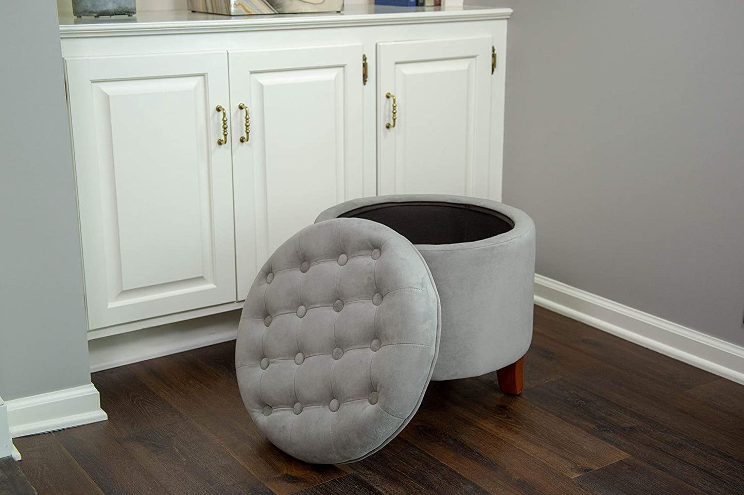 Ottomans : Fabric Upholstered Round Storage Ottoman with Removable Lid