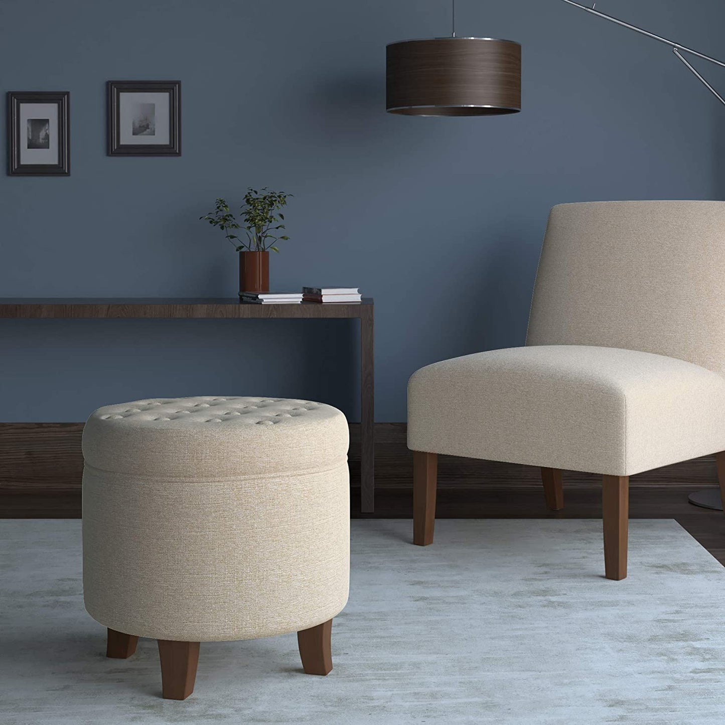 Ottomans : Fabric Upholstered Round Storage Ottoman with Removable Lid