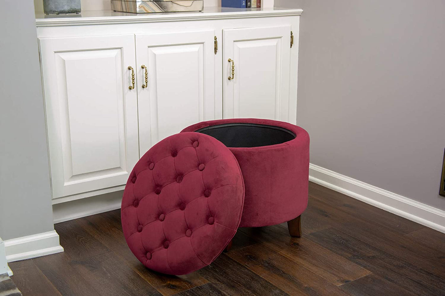 Ottomans : Fabric Upholstered Round Storage Ottoman with Removable Lid