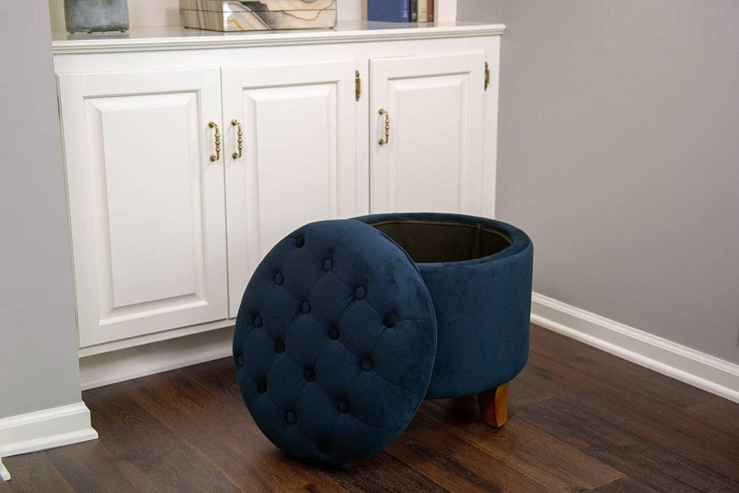 Ottomans : Fabric Upholstered Round Storage Ottoman with Removable Lid