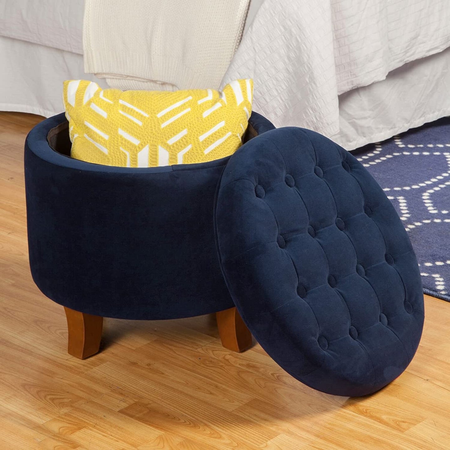 Ottomans : Fabric Upholstered Round Storage Ottoman with Removable Lid