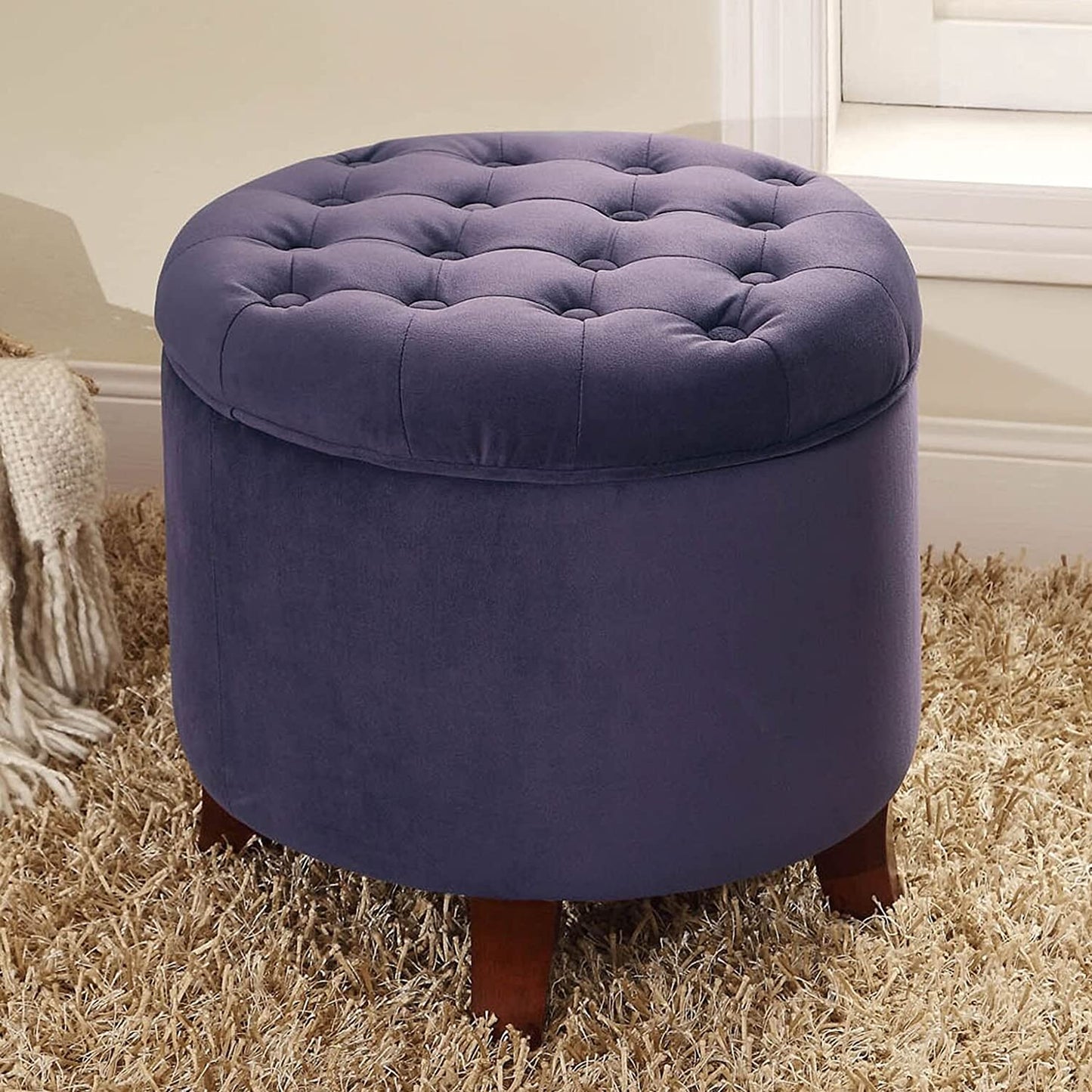 Ottomans : Fabric Upholstered Round Storage Ottoman with Removable Lid