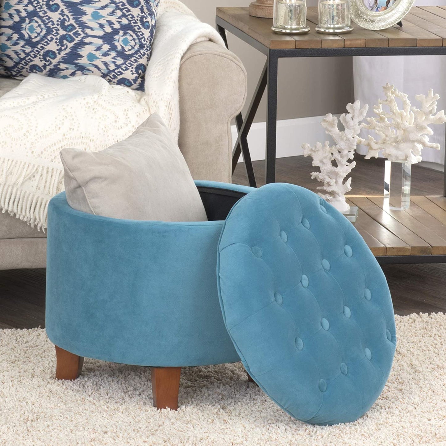 Ottomans : Fabric Upholstered Round Storage Ottoman with Removable Lid