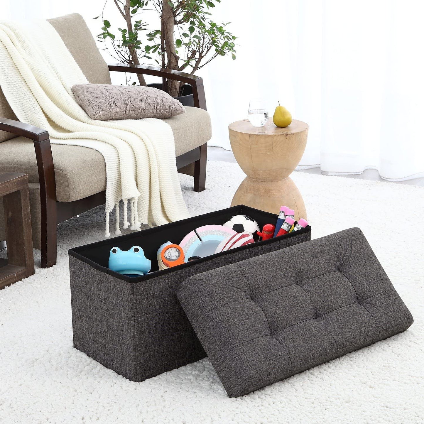 Ottomans : Foldable Tufted Linen Large Storage Ottoman