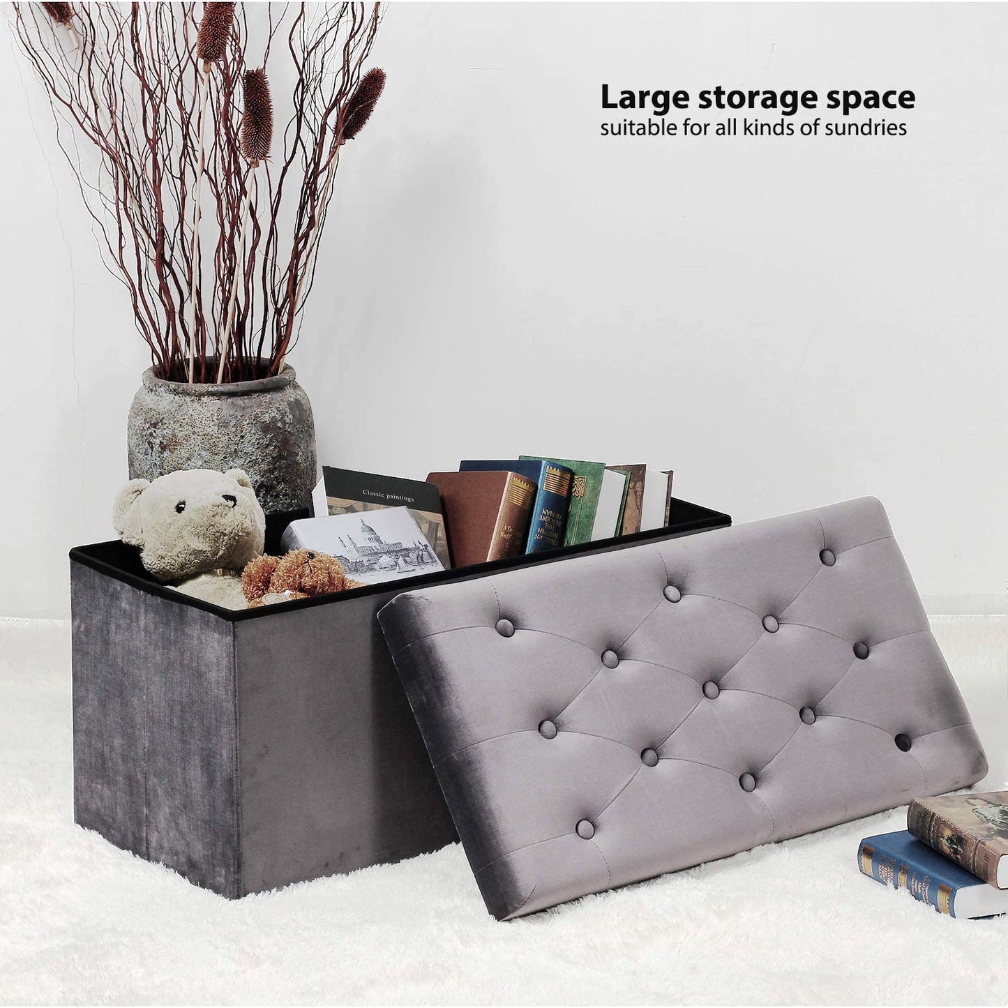 Ottomans : Folding Storage Ottoman, Long Shoes Bench, Velvet Footrest Stool Seat