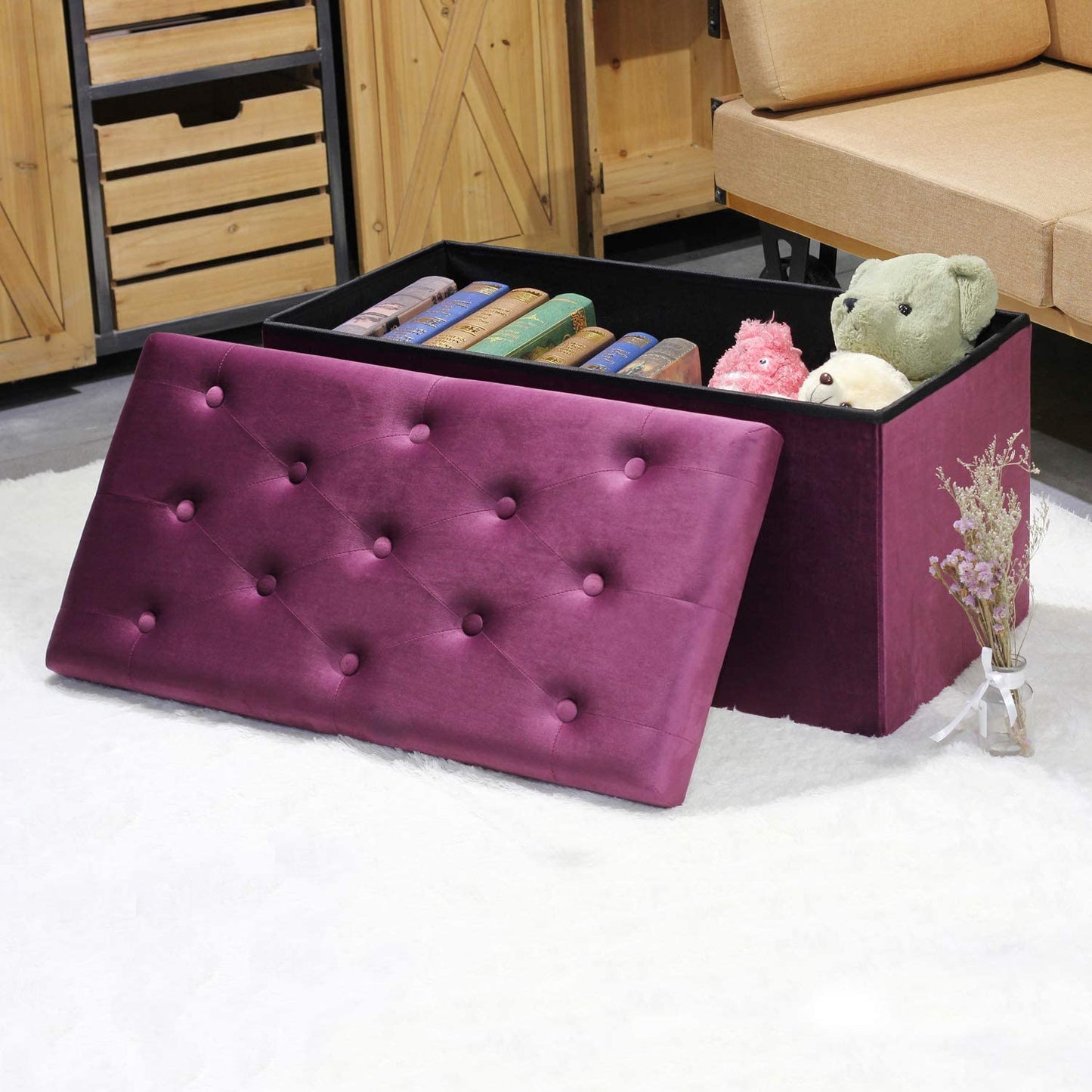Ottomans : Folding Storage Ottoman, Long Shoes Bench, Velvet Footrest Stool Seat