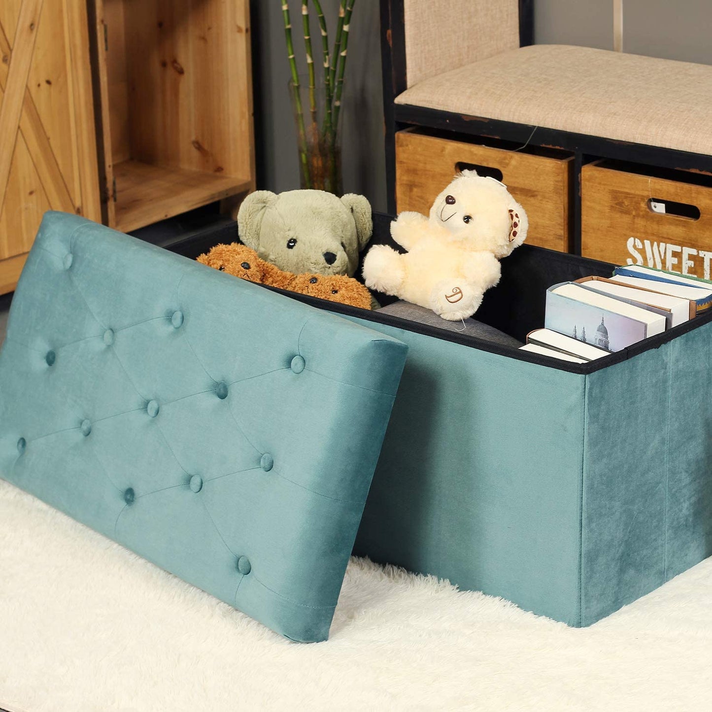 Ottomans : Folding Storage Ottoman, Long Shoes Bench, Velvet Footrest Stool Seat