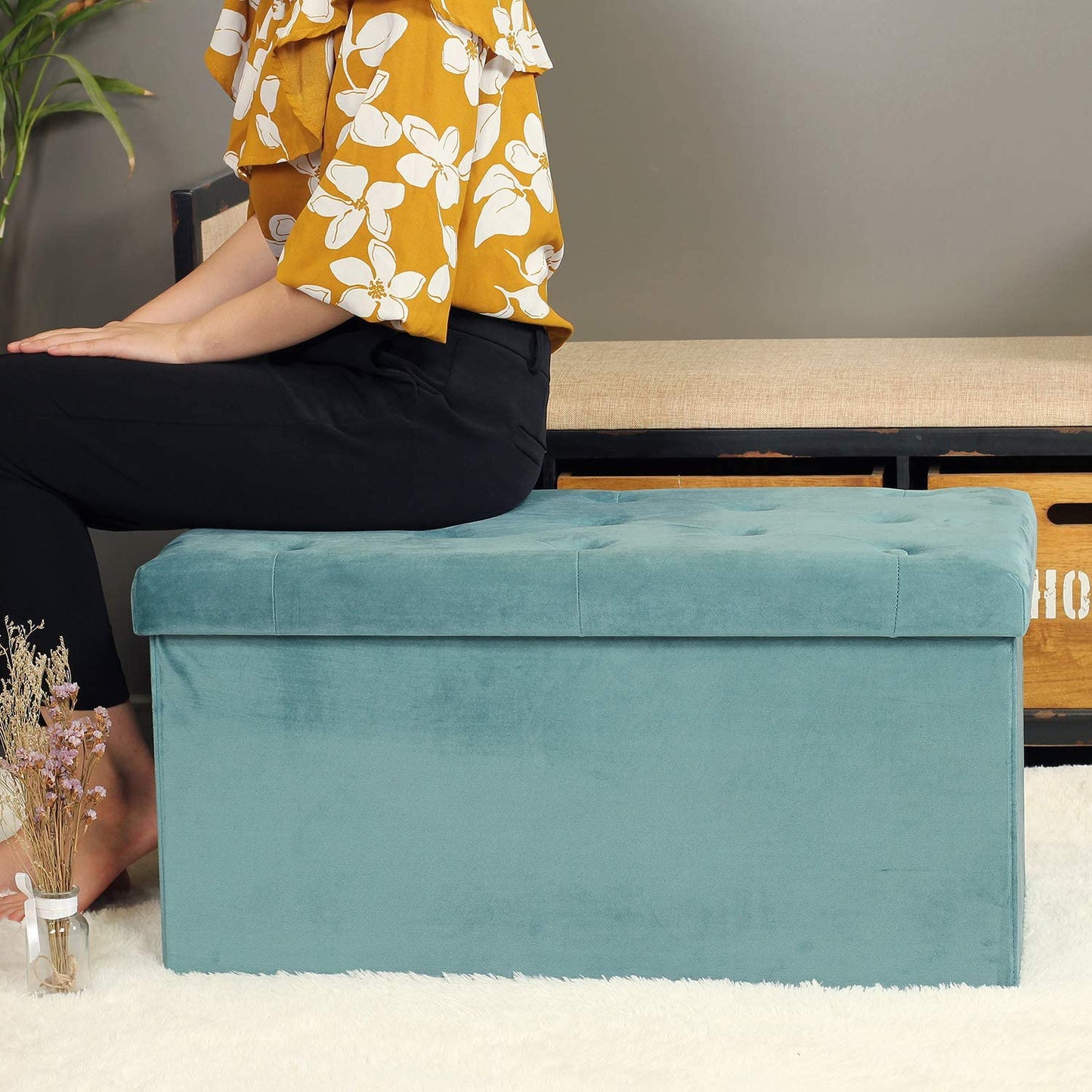 Ottomans : Folding Storage Ottoman, Long Shoes Bench, Velvet Footrest Stool Seat