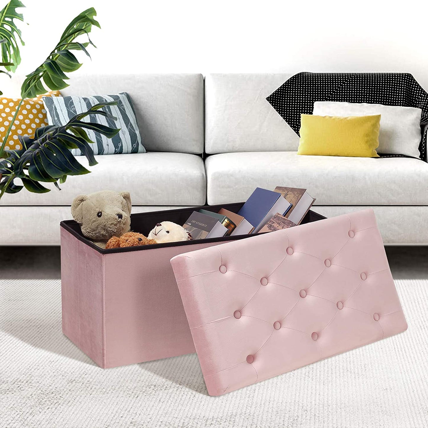 Ottomans : Folding Storage Ottoman, Long Shoes Bench, Velvet Footrest Stool Seat