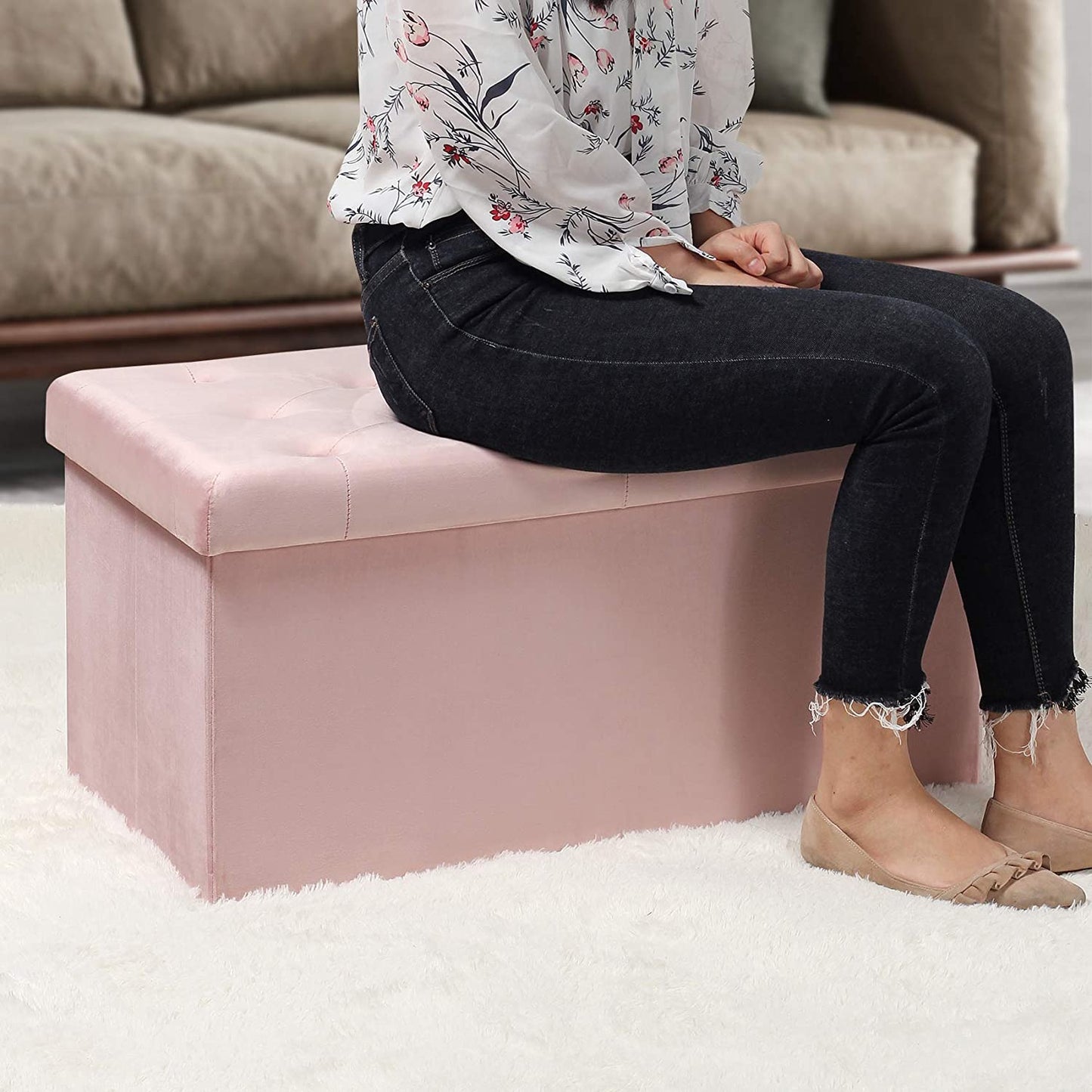 Ottomans : Folding Storage Ottoman, Long Shoes Bench, Velvet Footrest Stool Seat