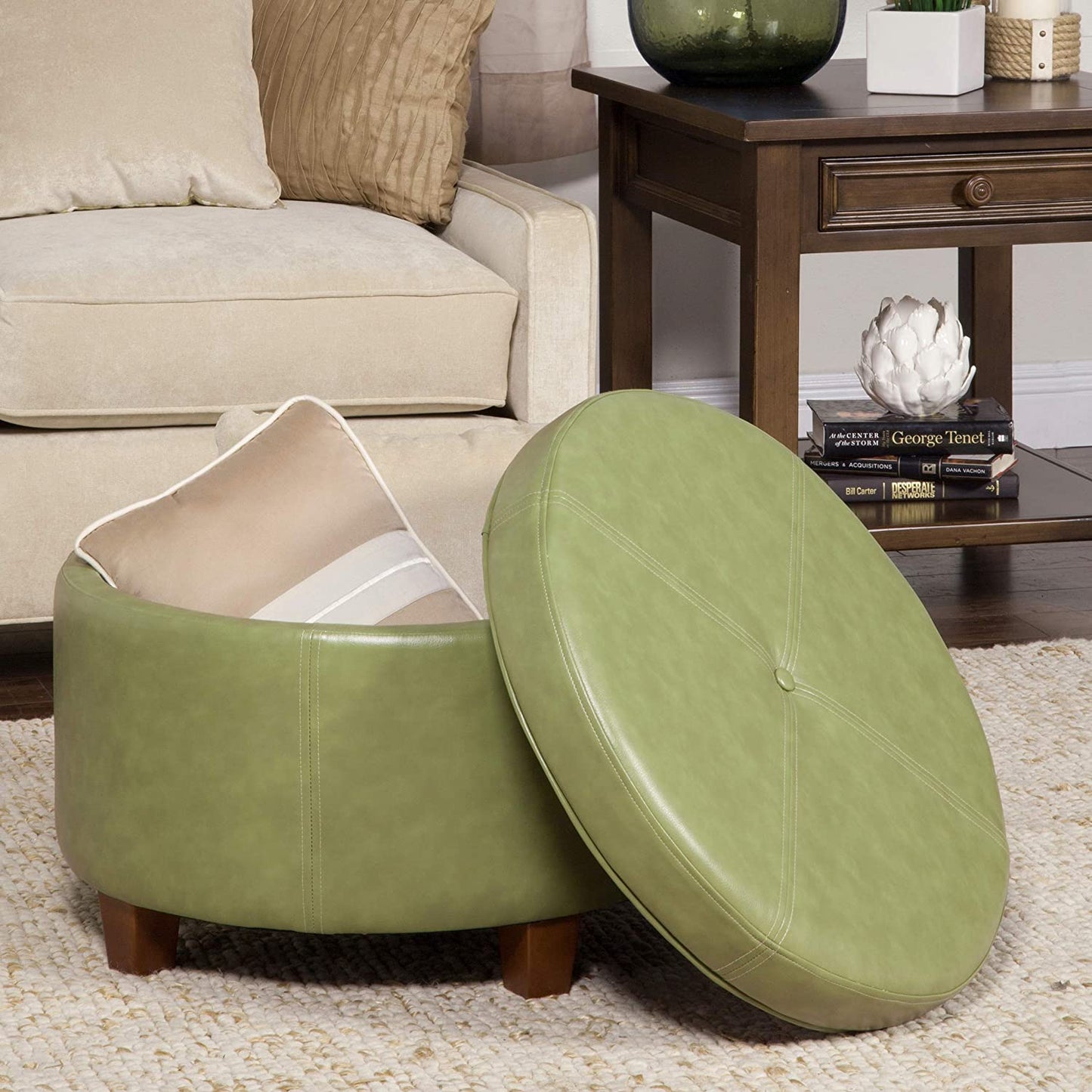 Ottomans : Large Leatherette Storage Ottoman Distressed Brown Faux Leatherette