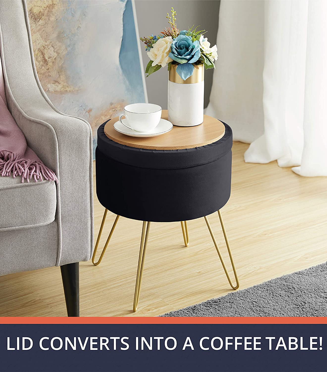 Ottomans : Modern Round Velvet Storage Ottoman Foot Rest