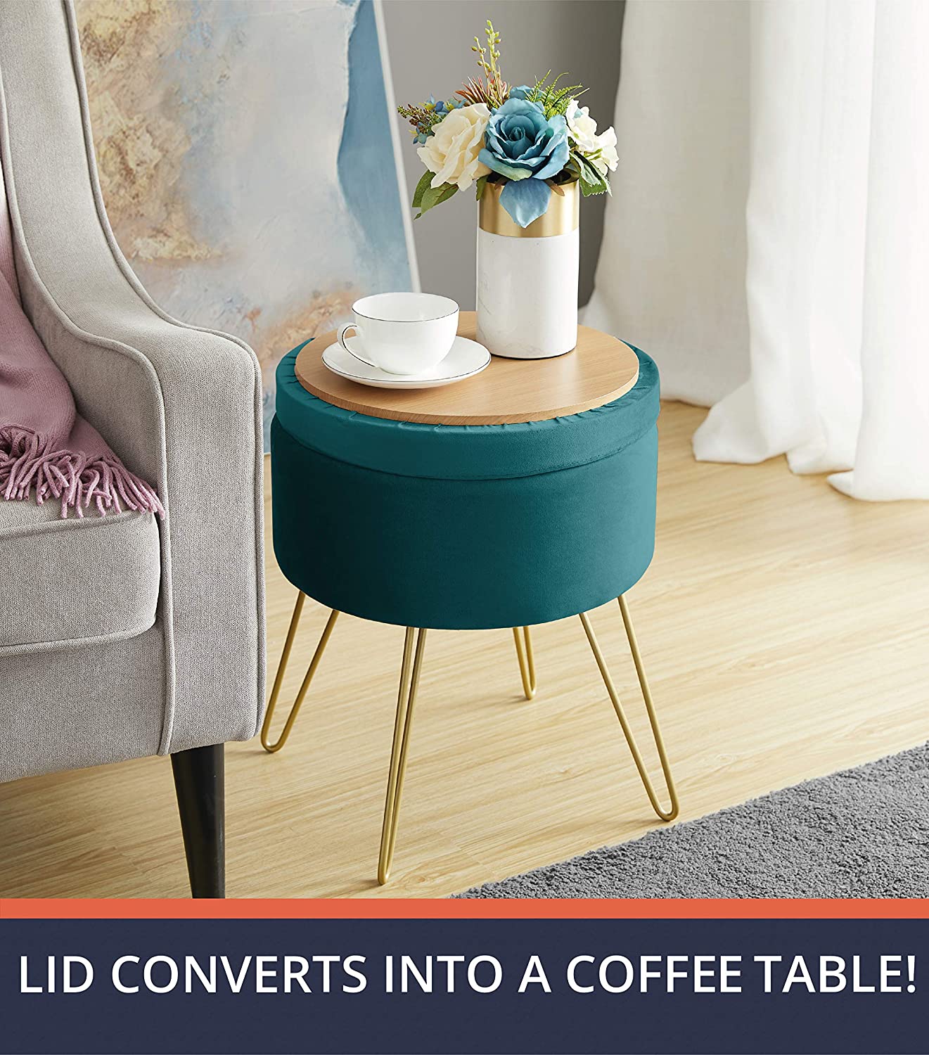 Ottomans : Modern Round Velvet Storage Ottoman Foot Rest