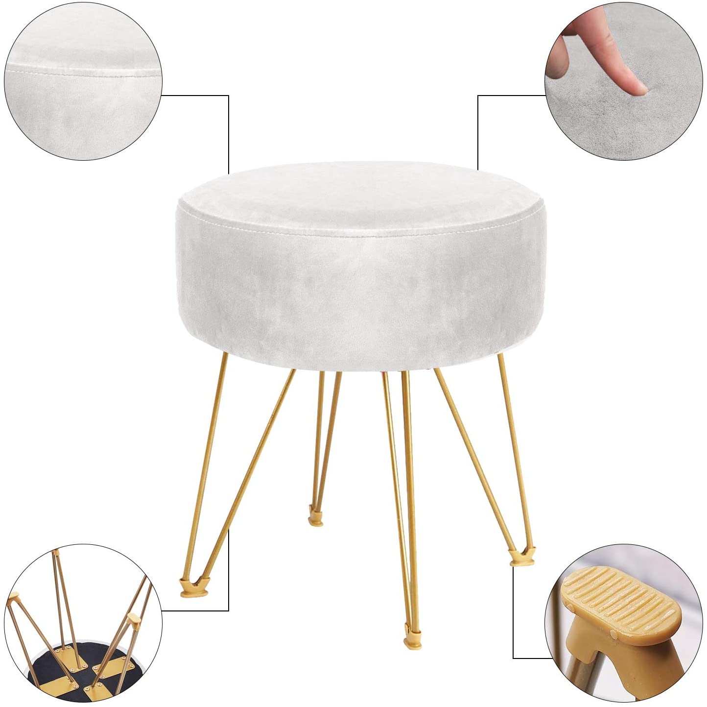 Ottomans : Round Footstool Ottoman with Gold Metal Legs Upholstered Footrest
