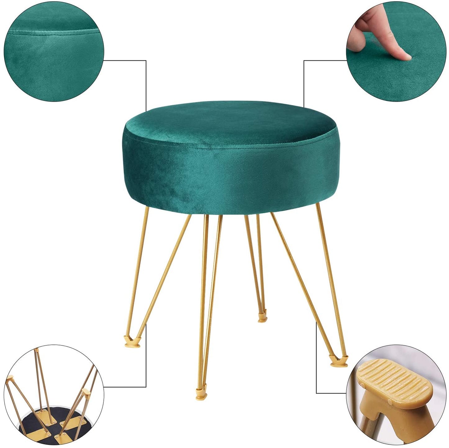 Ottomans : Round Footstool Ottoman with Gold Metal Legs Upholstered Footrest