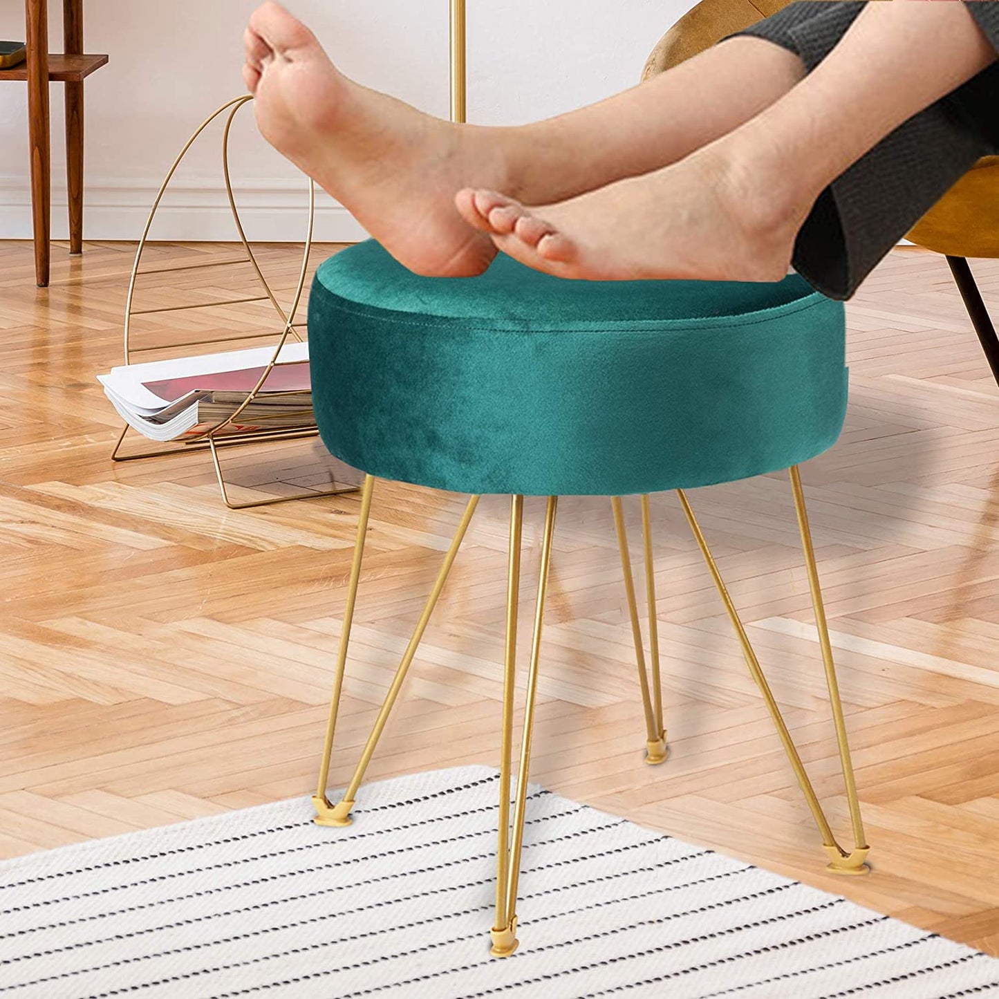 Ottomans : Round Footstool Ottoman with Gold Metal Legs Upholstered Footrest