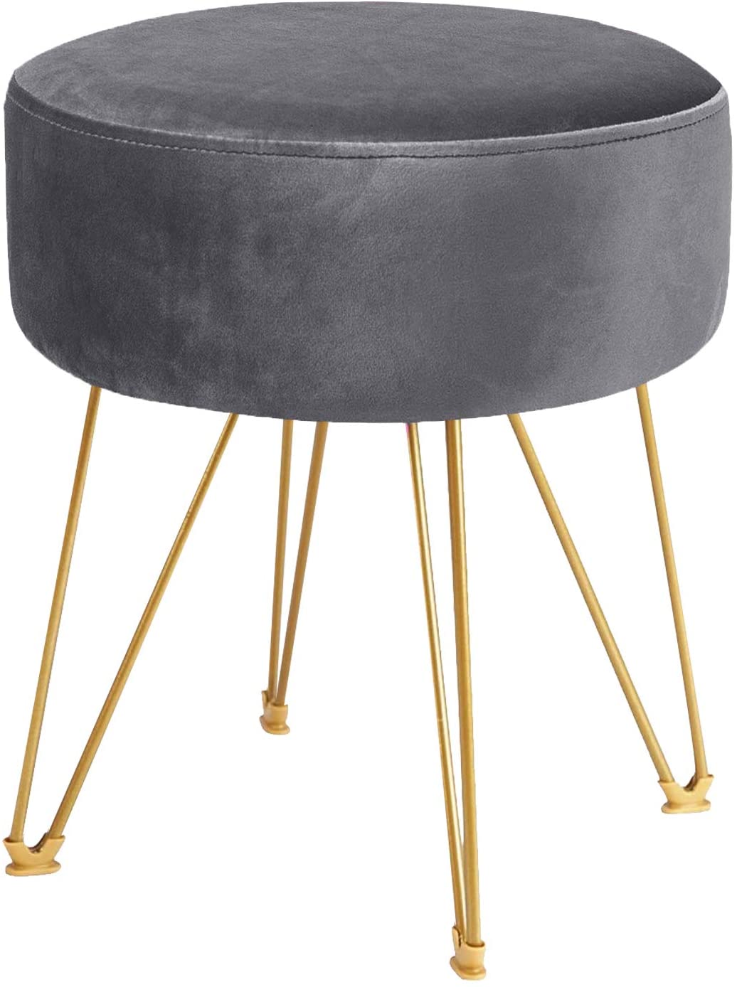 Ottomans : Round Footstool Ottoman with Gold Metal Legs Upholstered Footrest
