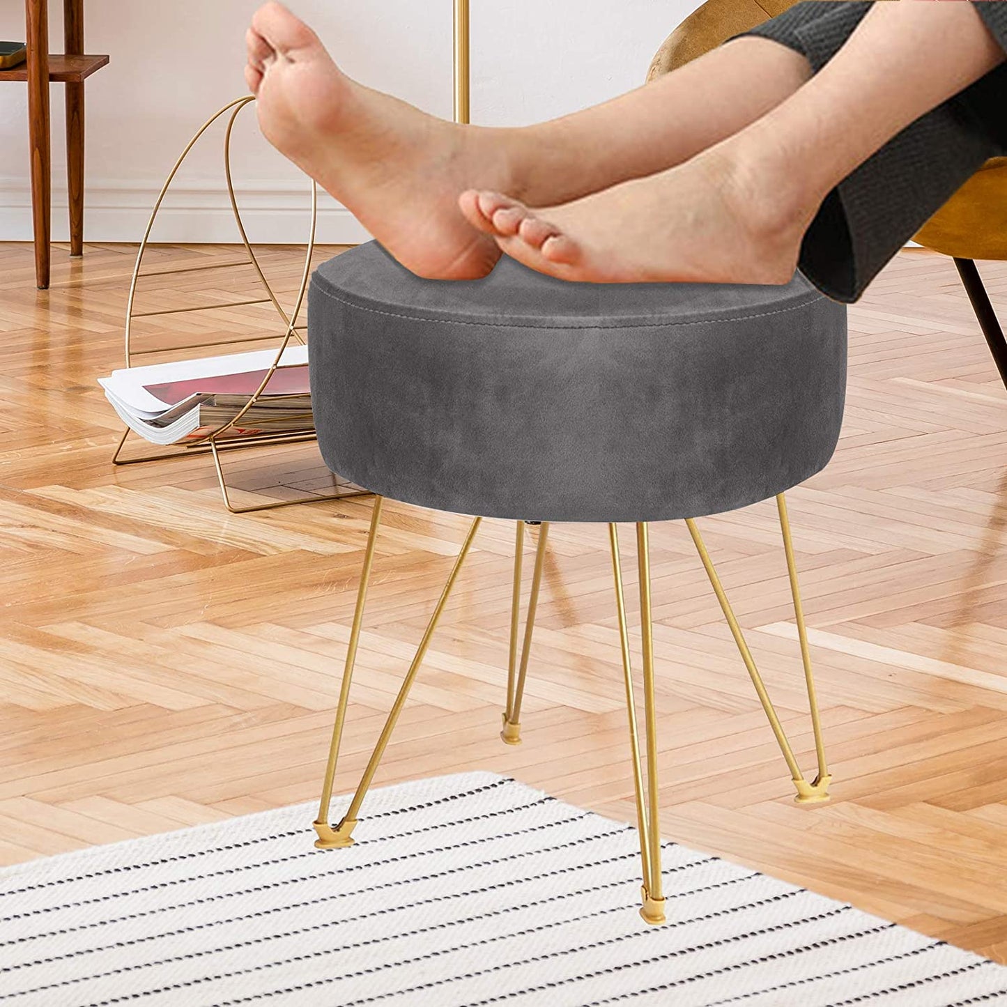 Ottomans : Round Footstool Ottoman with Gold Metal Legs Upholstered Footrest