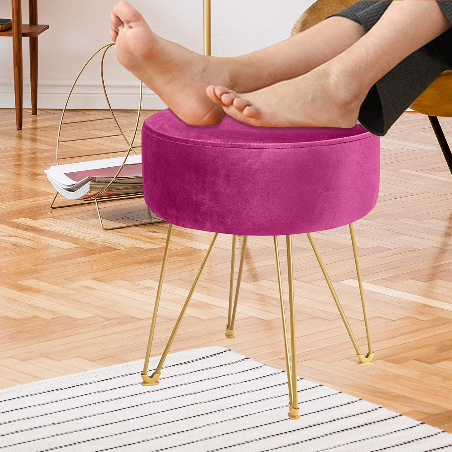 Ottomans : Round Footstool Ottoman with Gold Metal Legs Upholstered Footrest