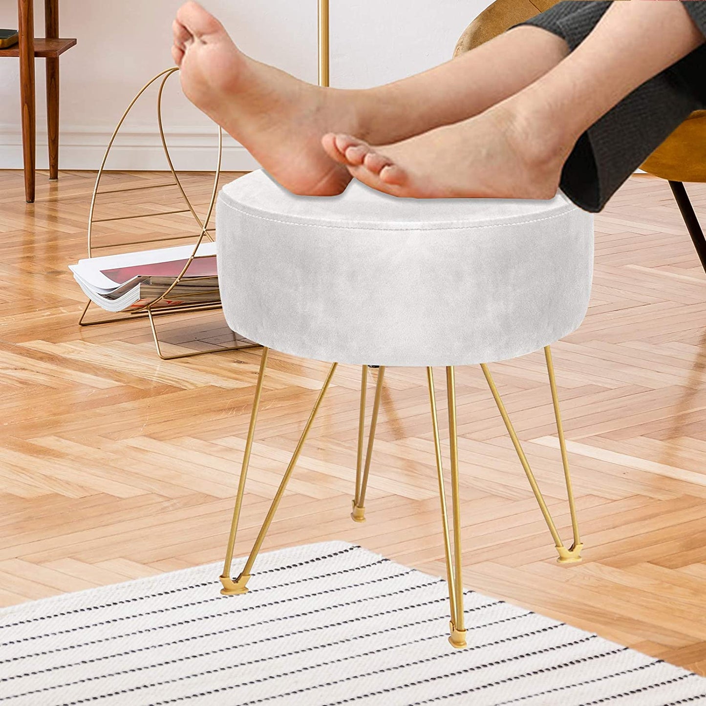 Ottomans : Round Footstool Ottoman with Gold Metal Legs Upholstered Footrest