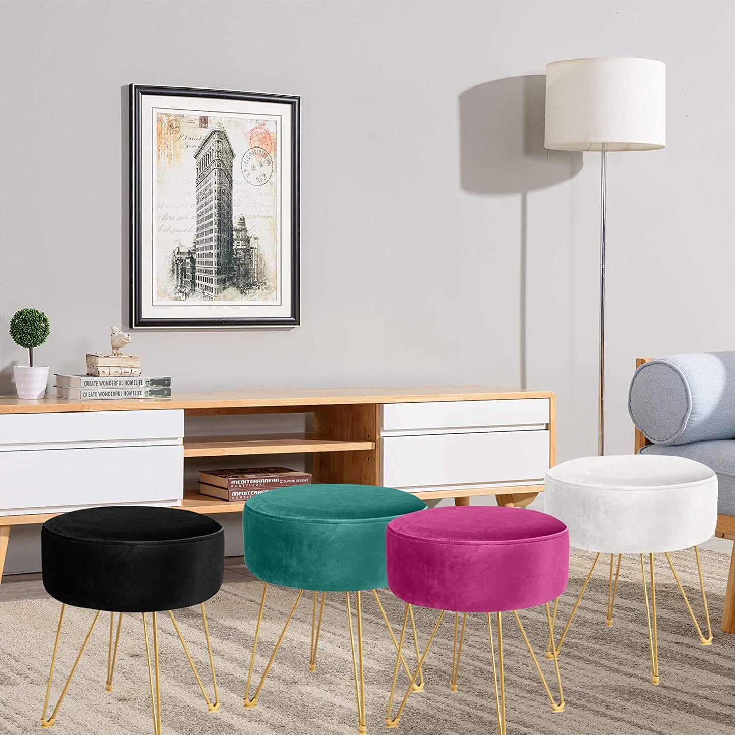 Ottomans : Round Footstool Ottoman with Gold Metal Legs Upholstered Footrest