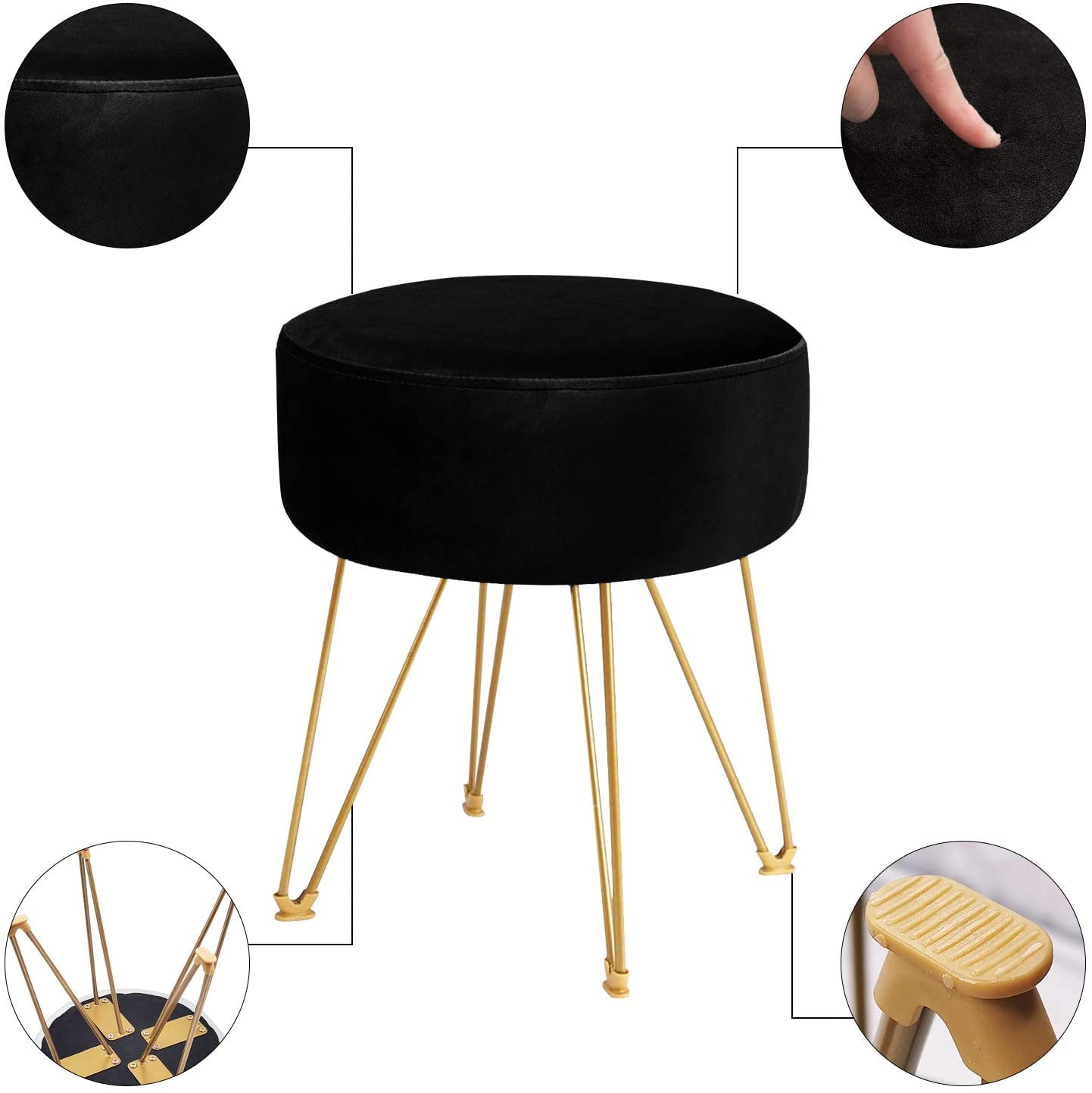 Ottomans : Round Footstool Ottoman with Gold Metal Legs Upholstered Footrest