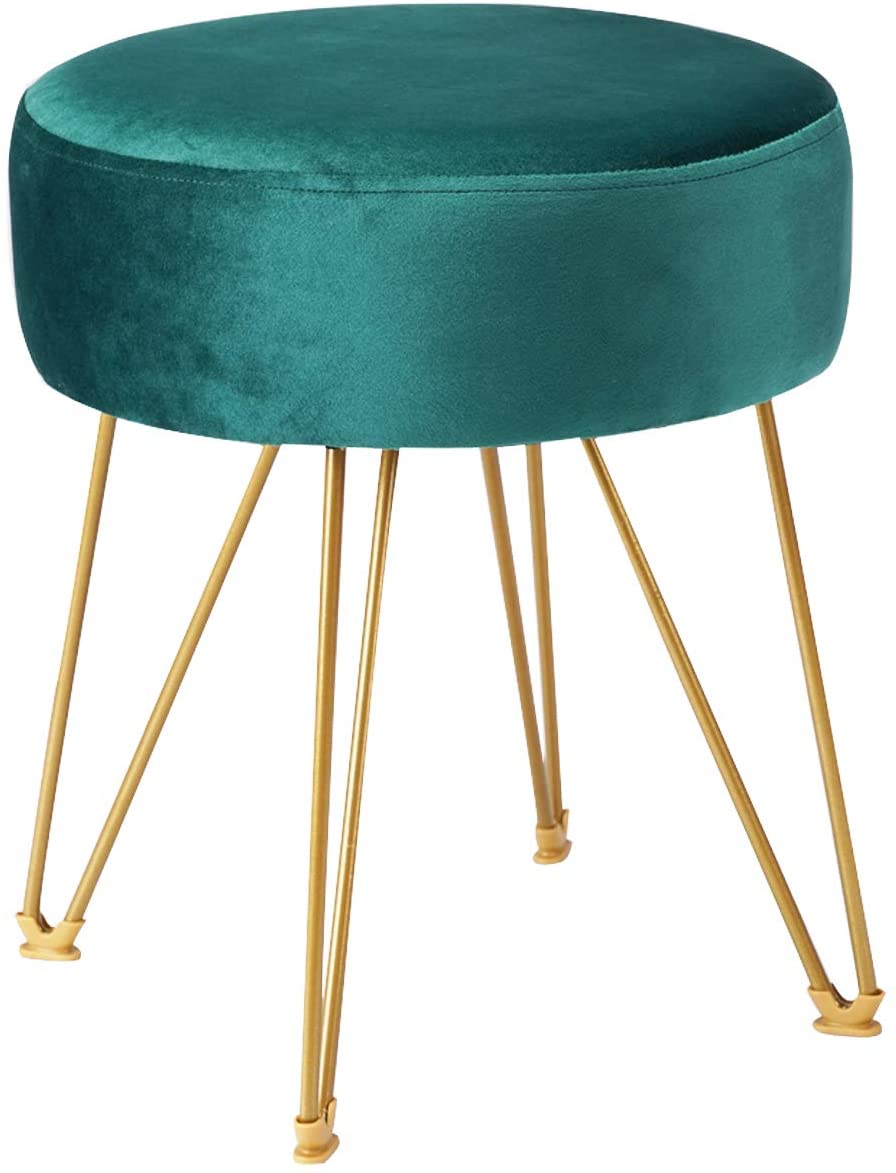 Ottomans : Round Footstool Ottoman with Gold Metal Legs Upholstered Footrest