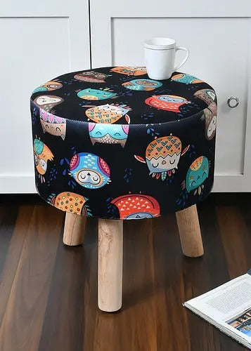 Pouffe: Black Owl Seating Pouffe With Digital Print