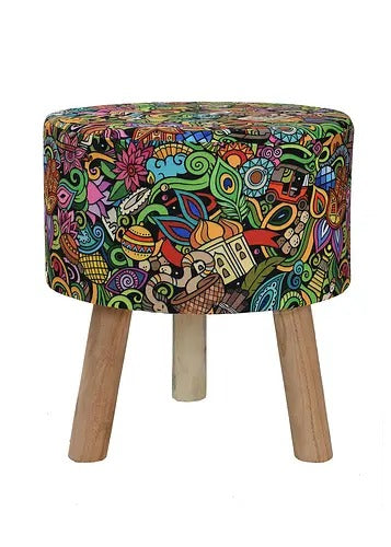 Pouffe: Blue Leaf Printed Pouffe With Digital Print