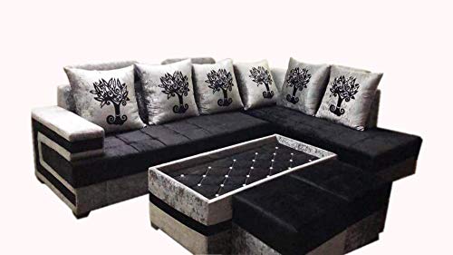L Shape Sofa Set- Fabric Sofa Set and 2 Puffy (Black and Grey)