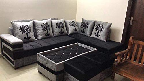 L Shape Sofa Set- Fabric Sofa Set and 2 Puffy (Black and Grey)