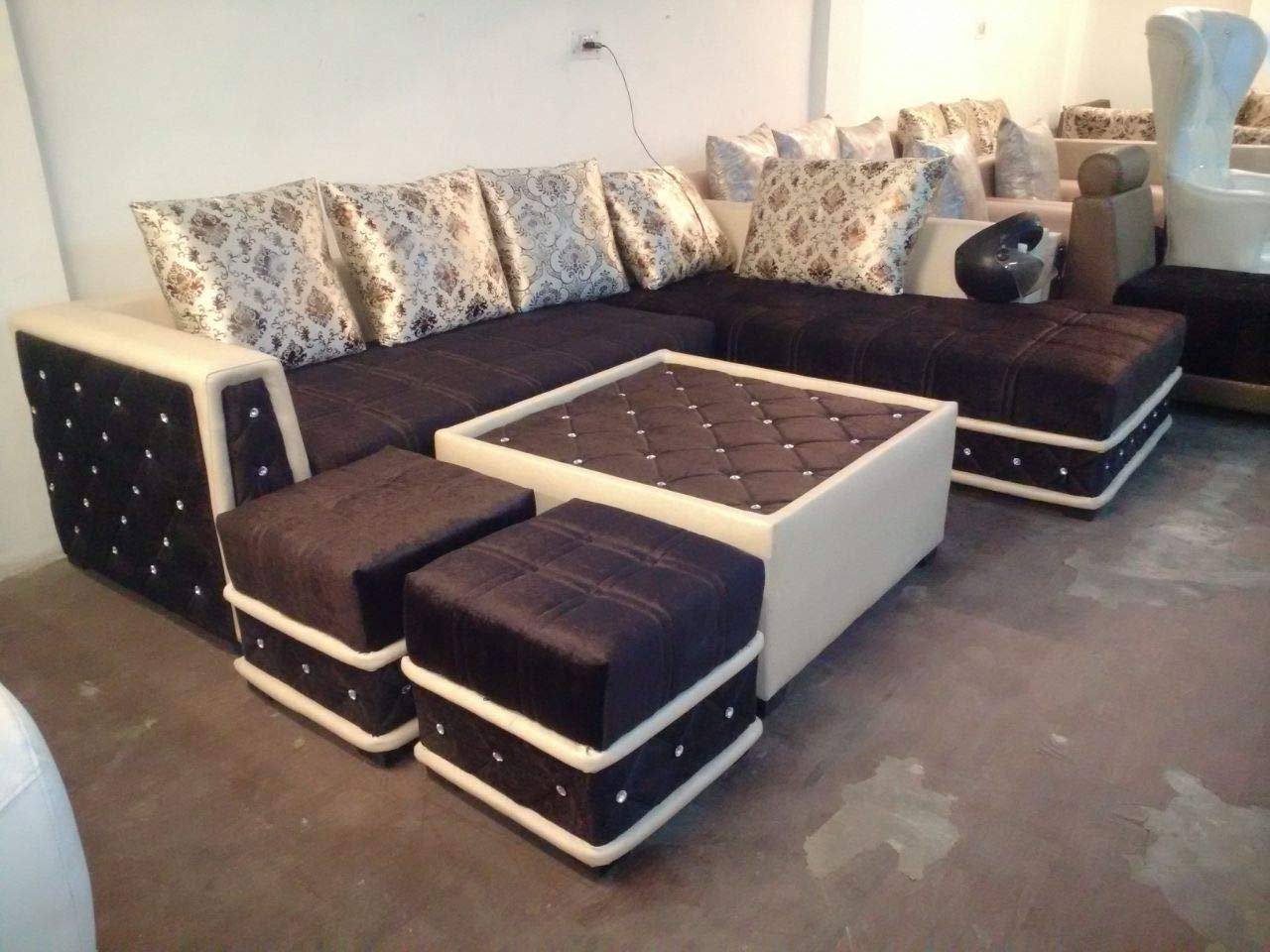 QUALITY ASSURE FURNITURE H-L Shape Sofa Set with Center Table and 2 Puffy (Brown)