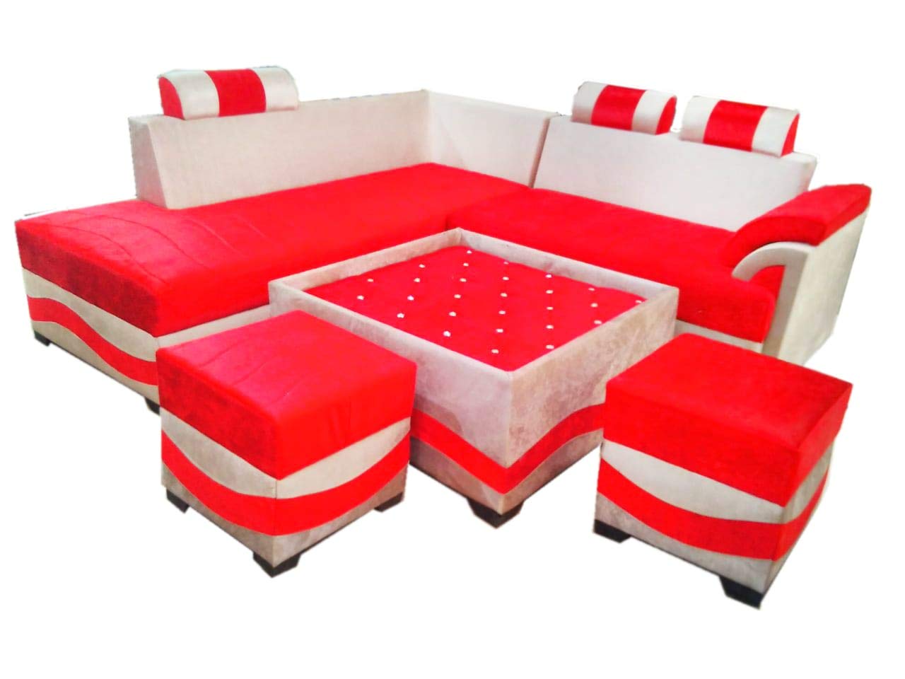 Lookchup Maharajah Wooden and Fabric L Shape Sofa Set with Center Table and 2 Puffy (Red and Grey)