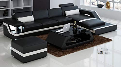 L Shape Sofa Set: -Luxury Unique Sectional , Lounger, Ottoman Sofa with Foot Stool (Black and White)
