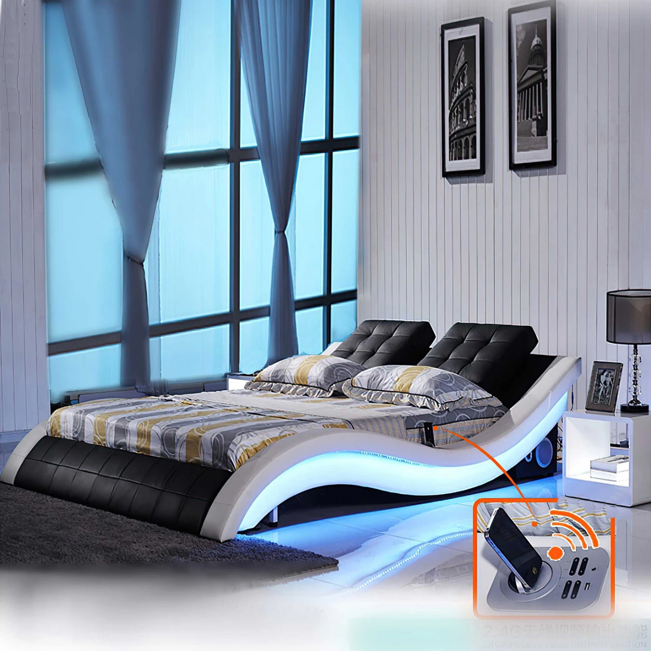 Queen Size: Black & White Leatherette Queen Size Smart Bed with LED Light