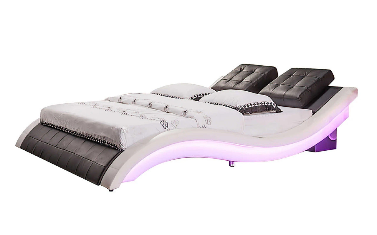Queen Size: Black & White Leatherette Queen Size Smart Bed with LED Light
