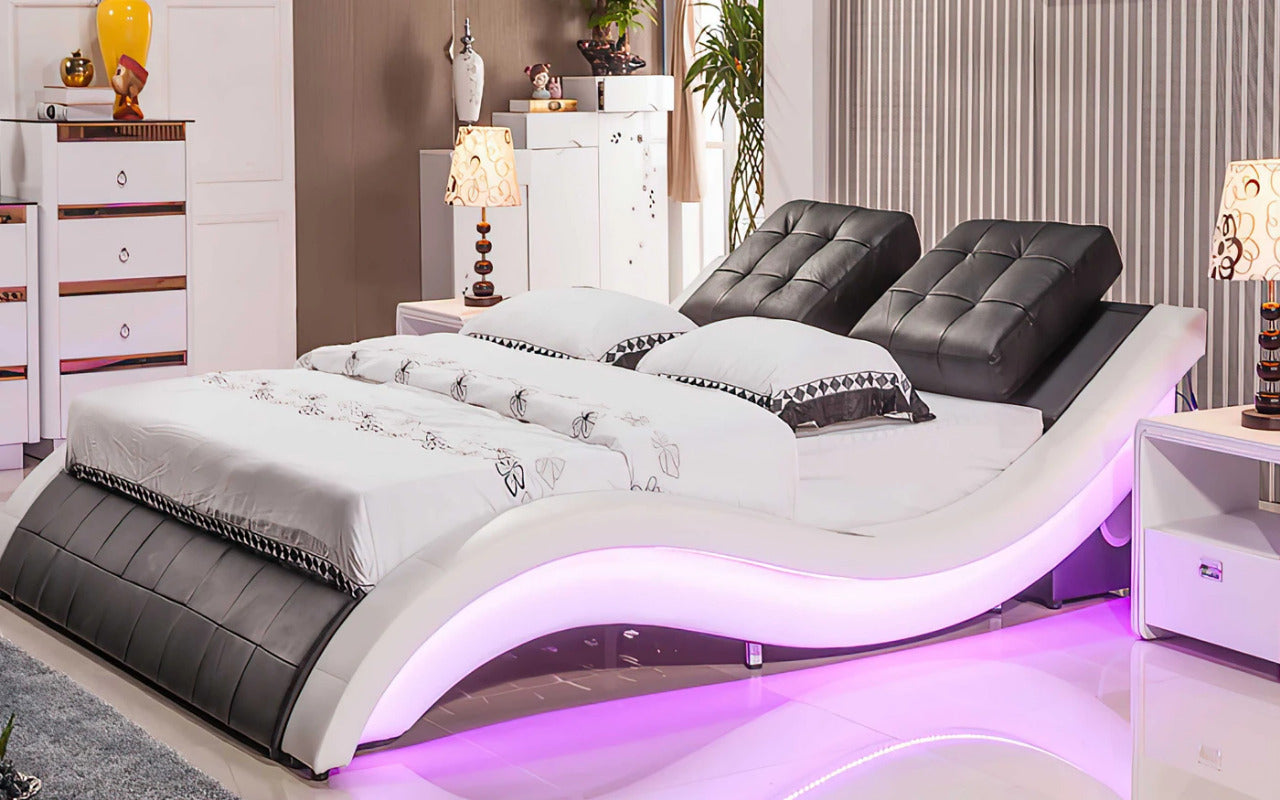 Queen Size: Black & White Leatherette Queen Size Smart Bed with LED Light