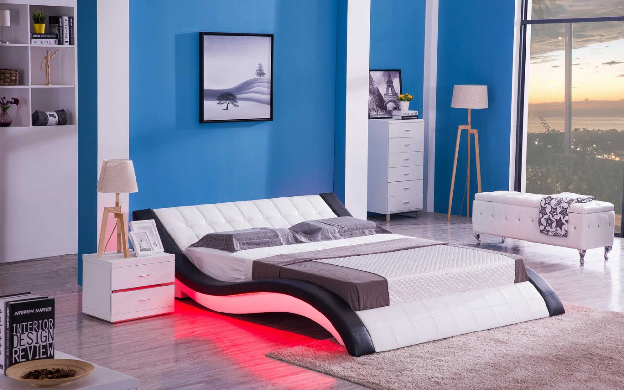 Queen Size: White & Black Leatherette Queen Size Smart Bed with LED Light