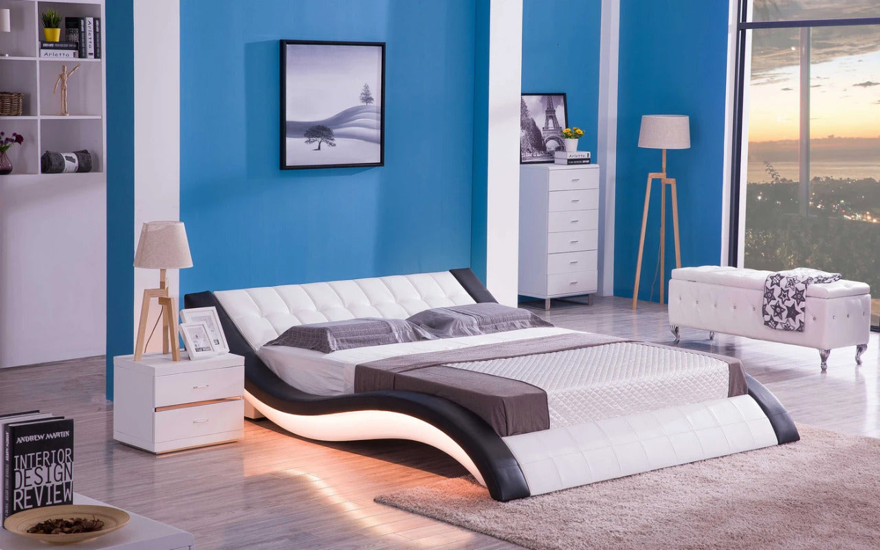 Queen Size: White & Black Leatherette Queen Size Smart Bed with LED Light