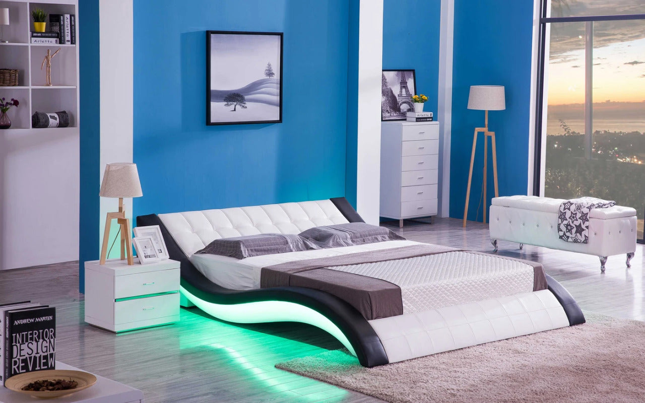 Queen Size: White & Black Leatherette Queen Size Smart Bed with LED Light