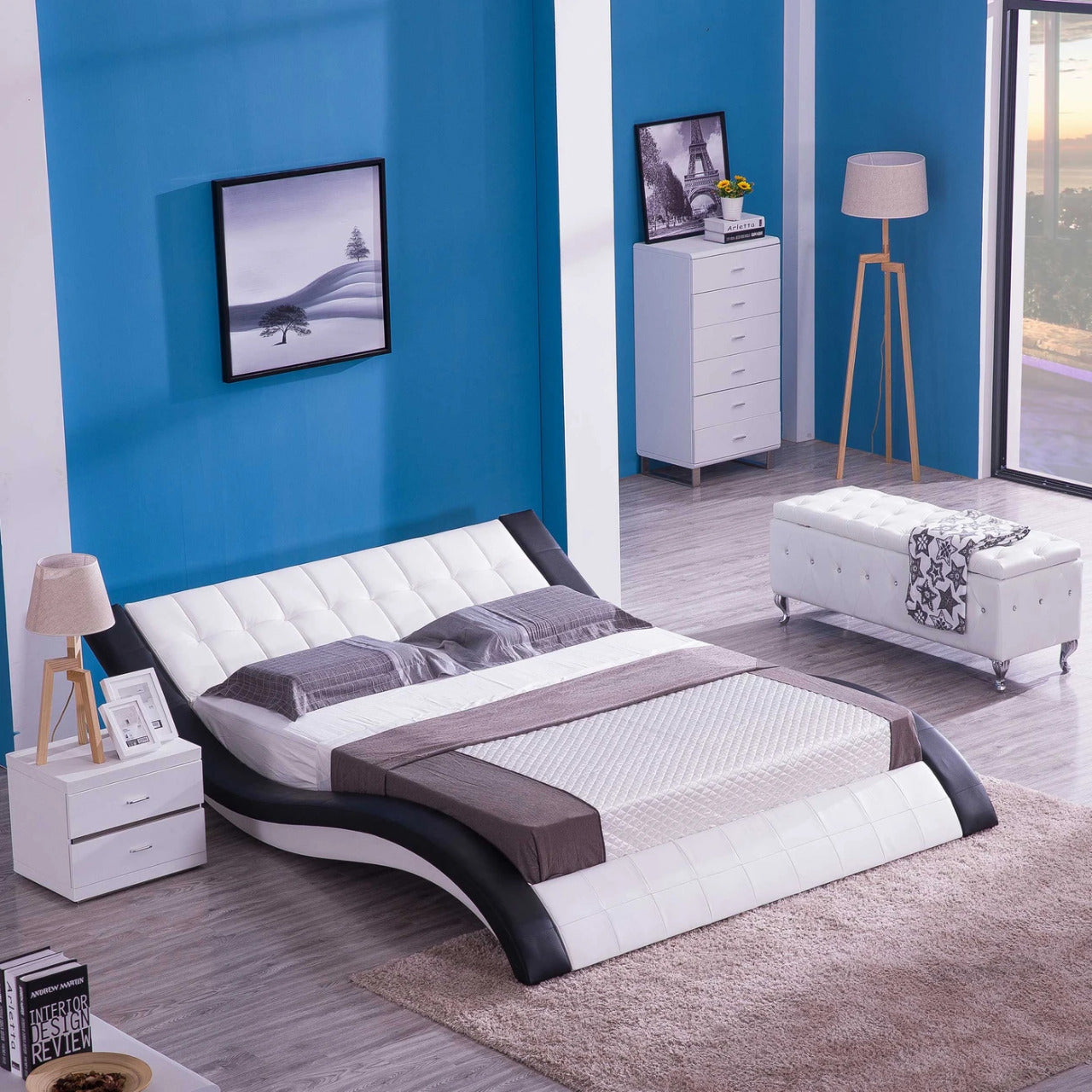 Queen Size: White & Black Leatherette Queen Size Smart Bed with LED Light