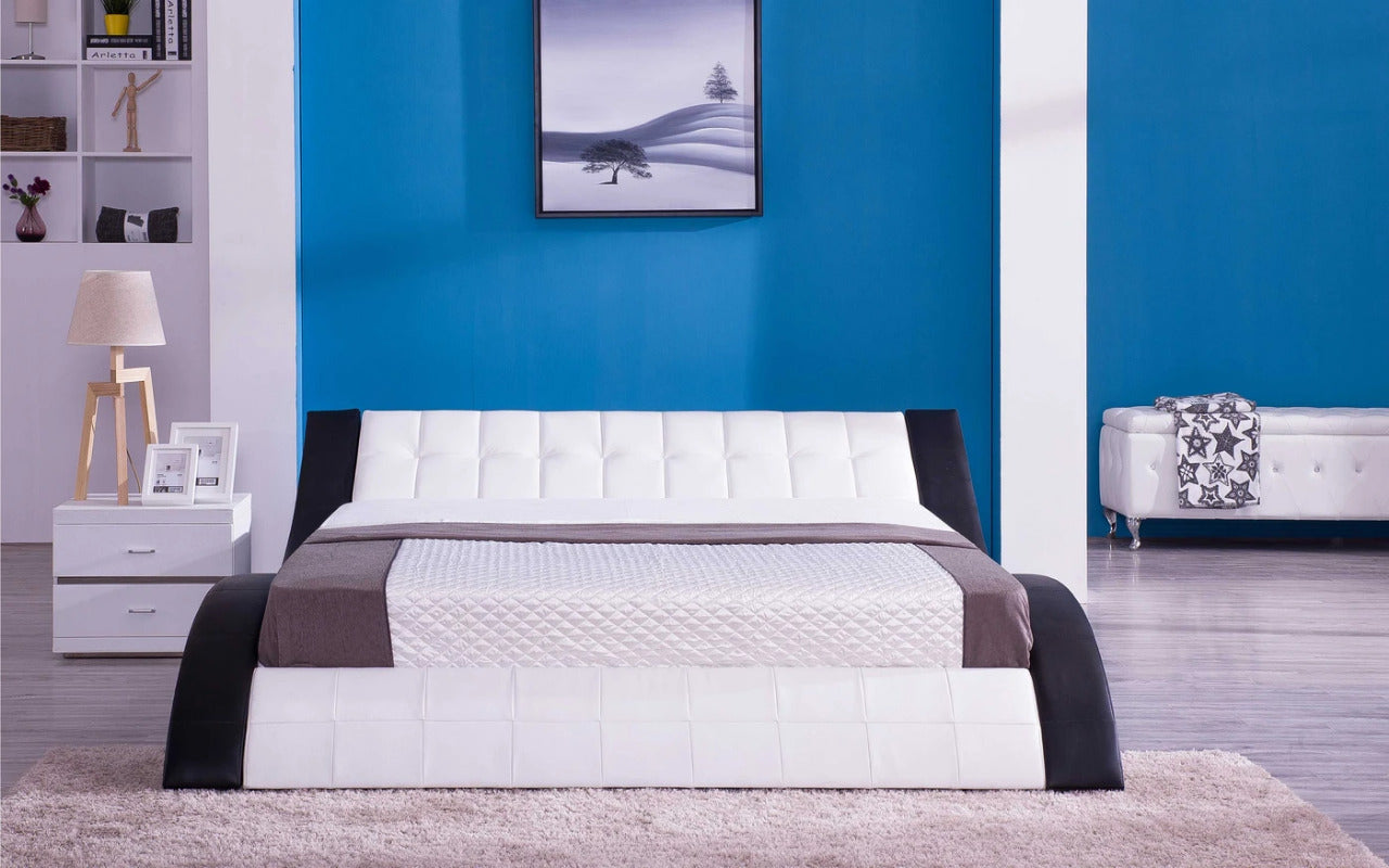 Queen Size: White & Black Leatherette Queen Size Smart Bed with LED Light