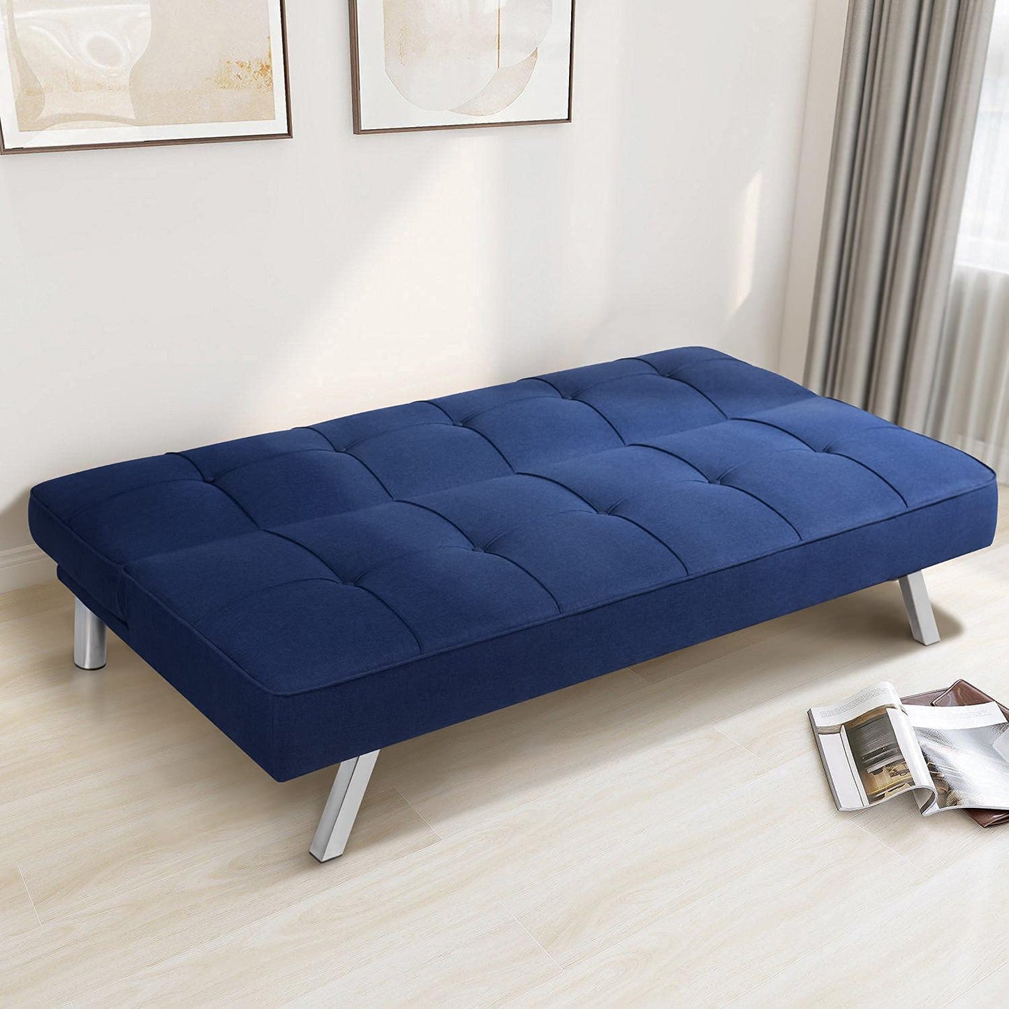 SOFA CUM BED Bed for Living Room Home Office Futon Couch with Chrome Legs (Blue)